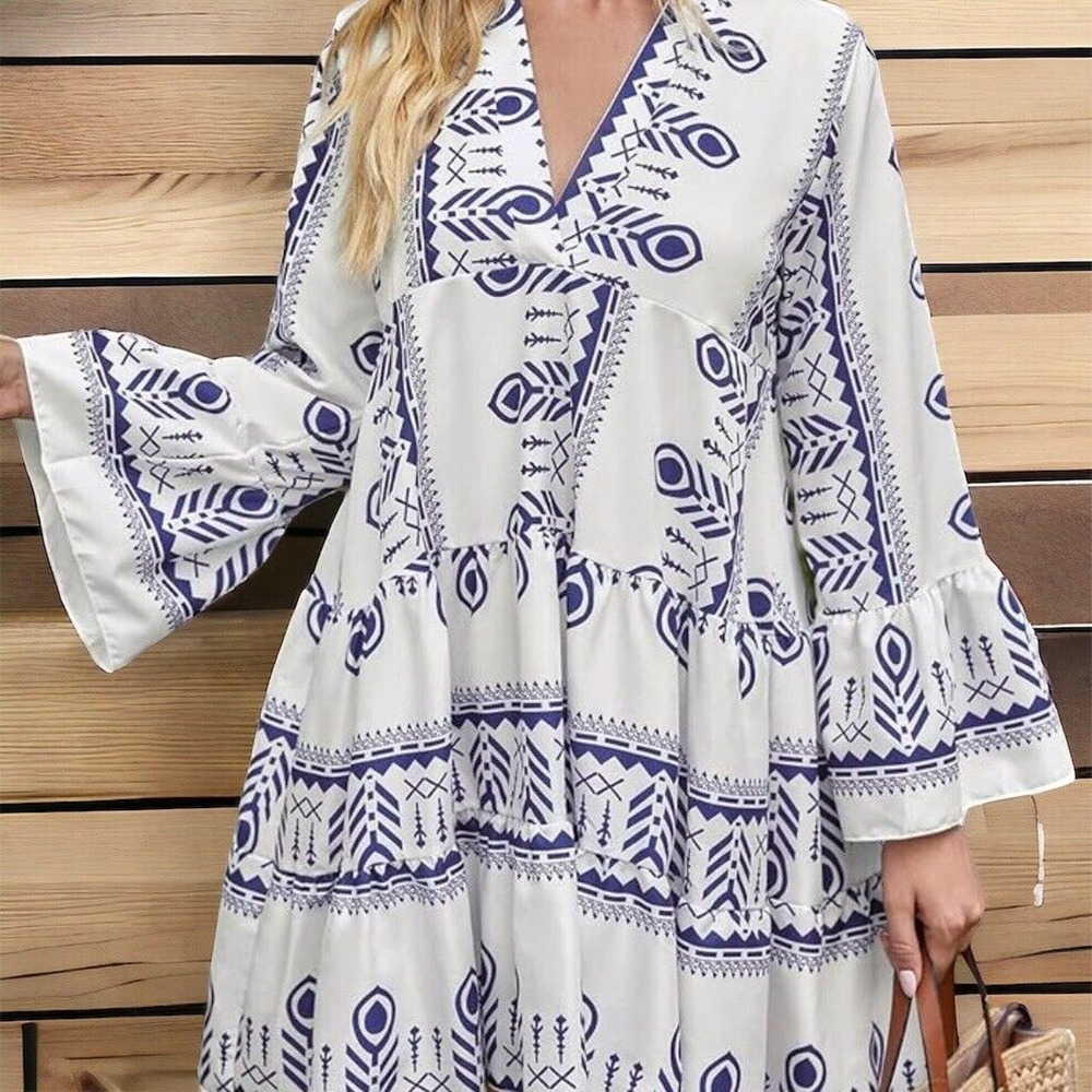 White Swing Dress Ruffle Long‎ Sleeve Boho Country Countrycore Beach Size S